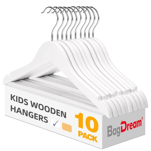 BagDream Kids Baby Wooden Hangers 10 Pack, Solid Wood Children's Coat Hangers with Non-Slip Pants Bar and 360°Swivel Hooks for Baby Clothes, 12.75 inch, White