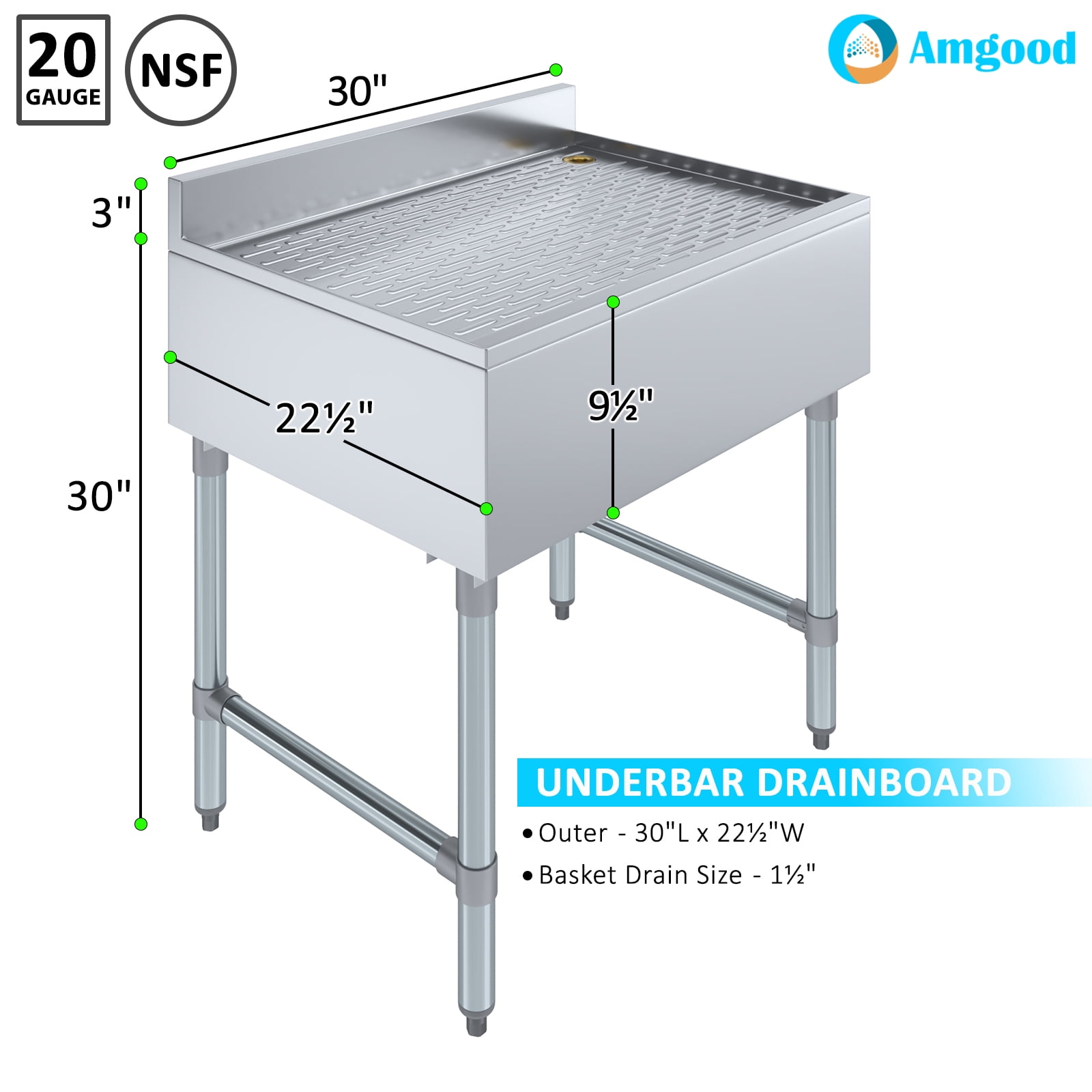 AmGood Underbar Stainless Steel Drainboard 22-1/2 in. x 30 in. x 30 in. H with 3 in. Backsplash