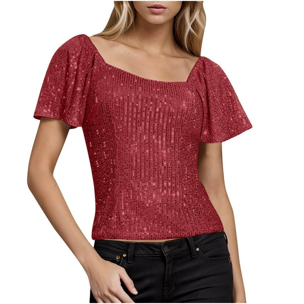 Mujeres de Manga Corta Tops Color Sólido Lentejuelas Moda Casual Top 95% Poliéster 5% Spandex, Nueva Blusa de Cuello Redondo para la Fiesta Y Diario
