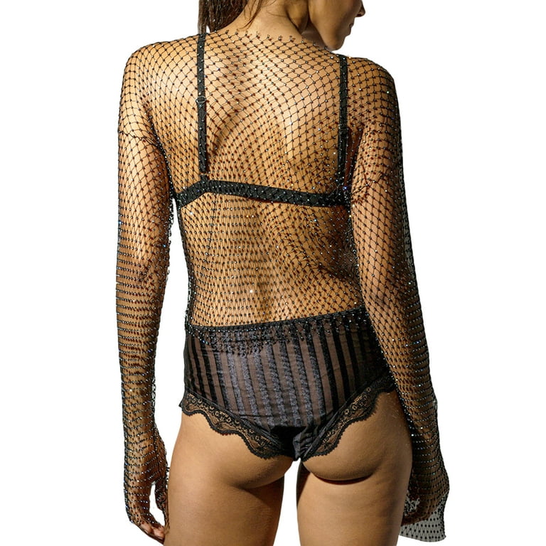 Women Hollow Out T-Shirt See-Through Long Sleeve Fish Net Tops Lingerie  Clubwear