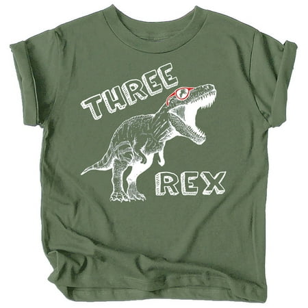 

Olive Loves Apple Three Rex Dinosaur 3rd Birthday T-Shirts for Baby Girls and Boys Third Birthday Outfit White on Military Green Shirt 5-6