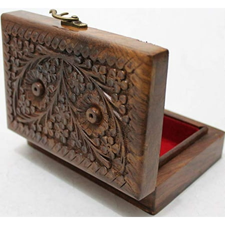 Jewelry Box Lock Set Valentine Day Gift Hers Girls Multipurpose Precious Stone Jewelry Box Solid Wood with Hand Carving Floral Designs and Medieval Era Lock 5.5