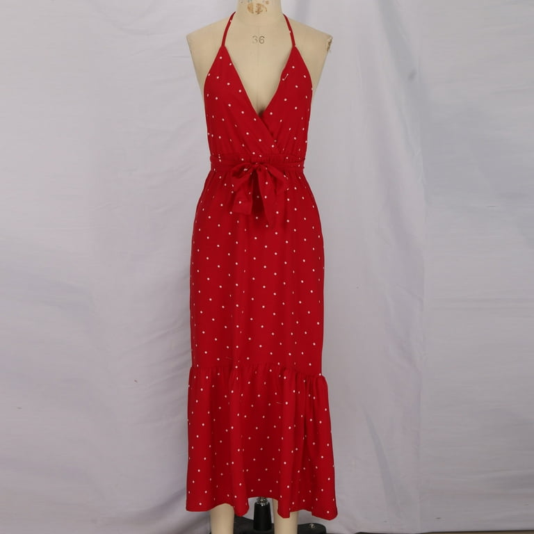 VSSSJ Maxi Dresses for Women Open Back Sexy Deep V Neck Polka Dot