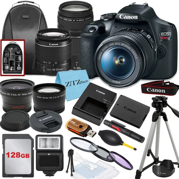 Canon EOS Rebel T7 DSLR Camera Bundle with 18-55mm, 75-300mm Lens, 128GB Memory Card, Backpack and ZeeTech Accessory