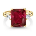 thumbnail image 3 of Gem Stone King 18K Yellow Gold Plated Silver 3-Stone Ring Octagon Red Created Ruby and Moissanite (6.02 Cttw, Size 8), 3 of 5