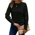 thumbnail image 3 of Women'S Solid Color Long Sleeve Embroidered Lace Stitching Waffle Round Neck Top Black XL, 3 of 9