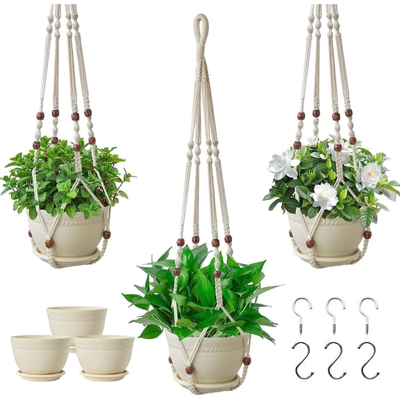 Macrame Plant Hanger with Pot, 3 Set Hanging Planters for Indoor Plants, Handmade Cotton Rope Boho Home Decor, Idea Gift for Anyone, Includes Plant Holders, Pots, Plates and Hooks (Ivory)