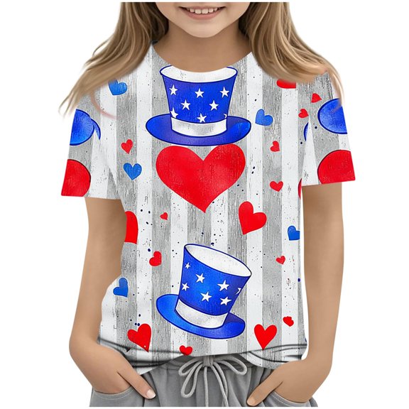 Fengactive Kids Girls Boys 4th of July Independence Day Short Sleeve T Shirt Size 3T-14T Cute Print Casual Top