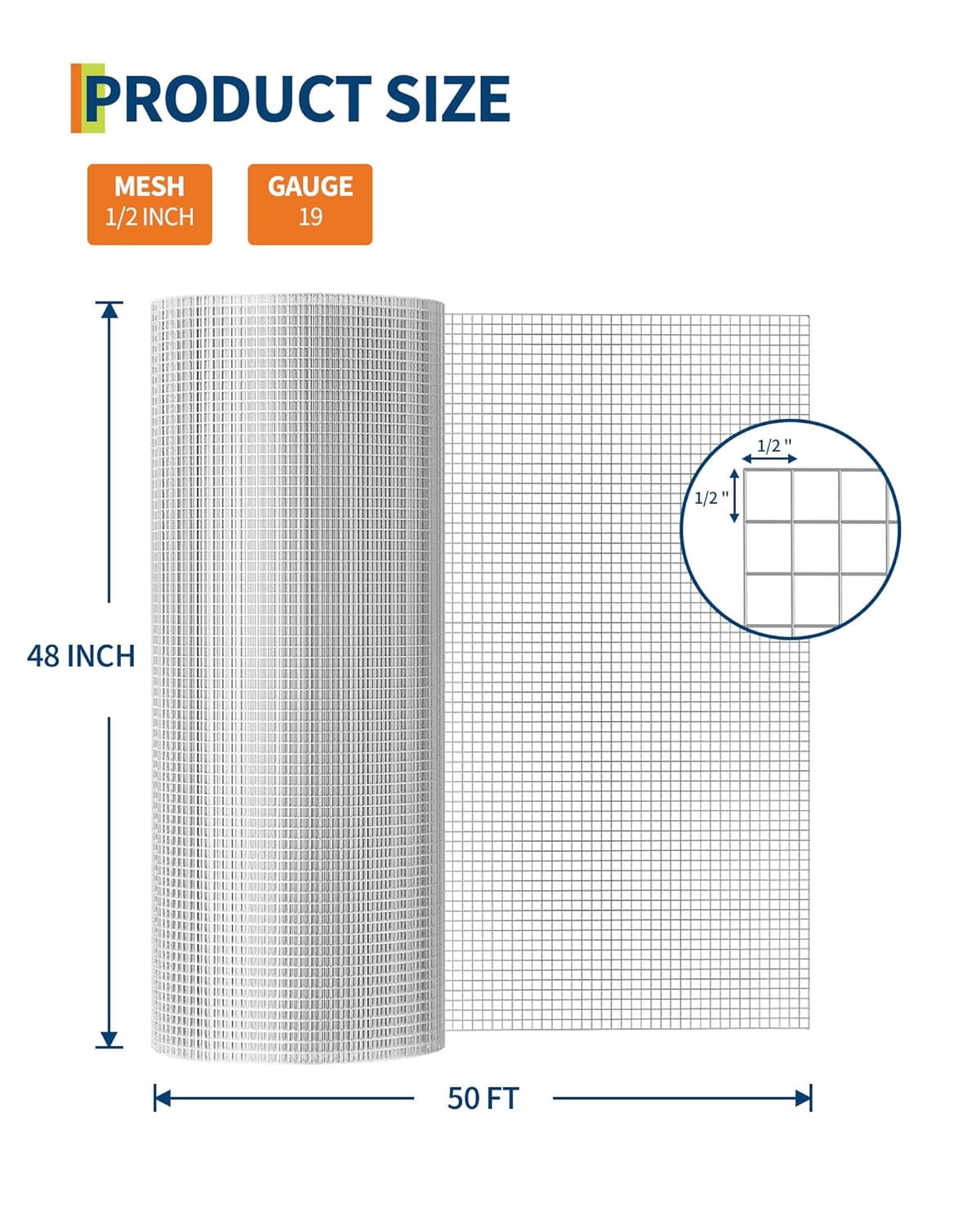 EastVita 1/2 Inch 48in x 50ft 19 Gauge Post Welding Galvanized Chicken Wire Mesh Roll Hardware Cloth for Chicken Coop Garden Plant Protection Animal Enclosures （Silver）