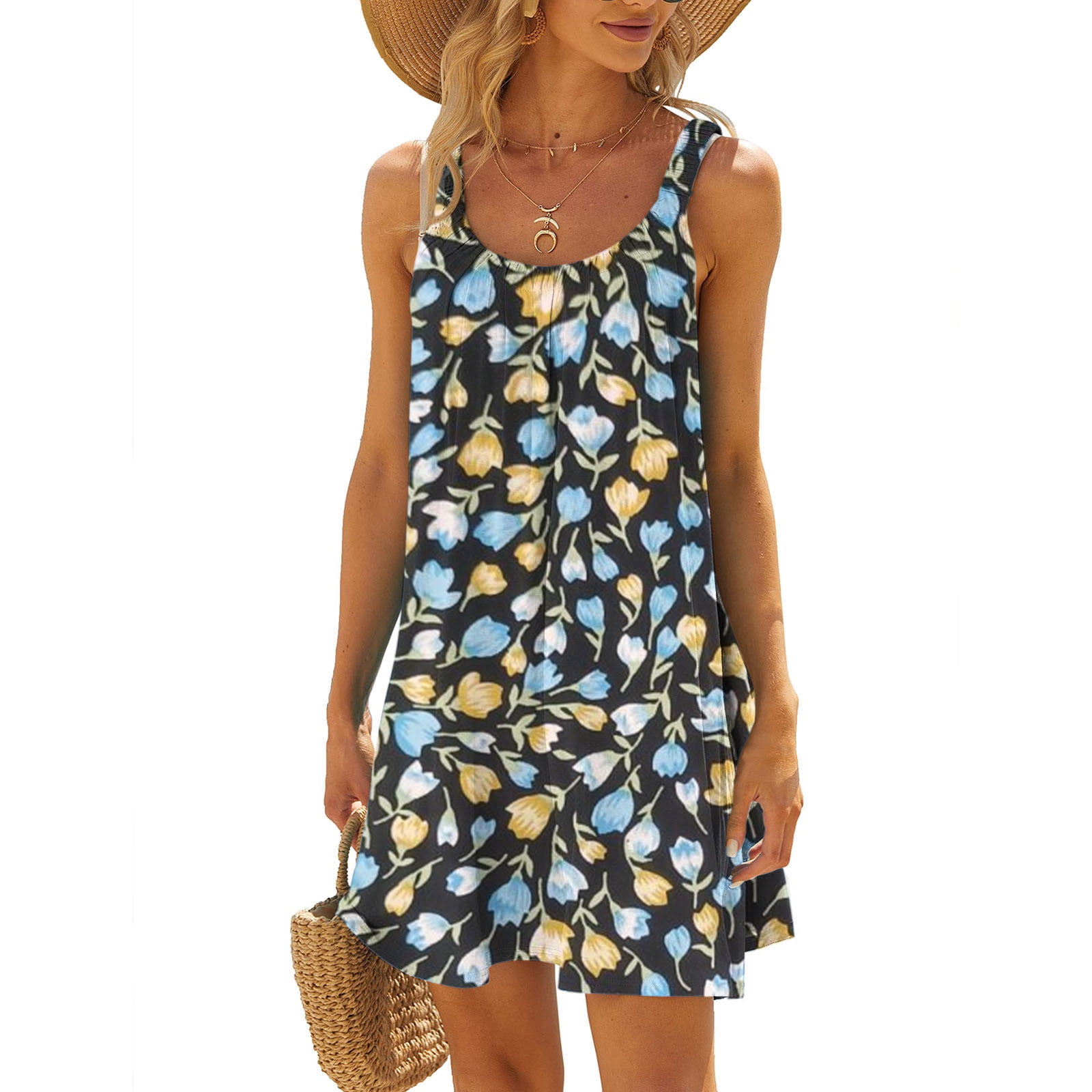 Finelylove Spring Maxi Dresses For Women Long Spring Dress Crew Neck Printed Sleeveless Boho