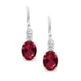 thumbnail image 2 of Gem Stone King 10K White Gold Red Created Ruby and White Topaz Dangle Earrings for Women (2.46 Cttw, Gemstone Birthstone, Oval 8x6mm), 2 of 5