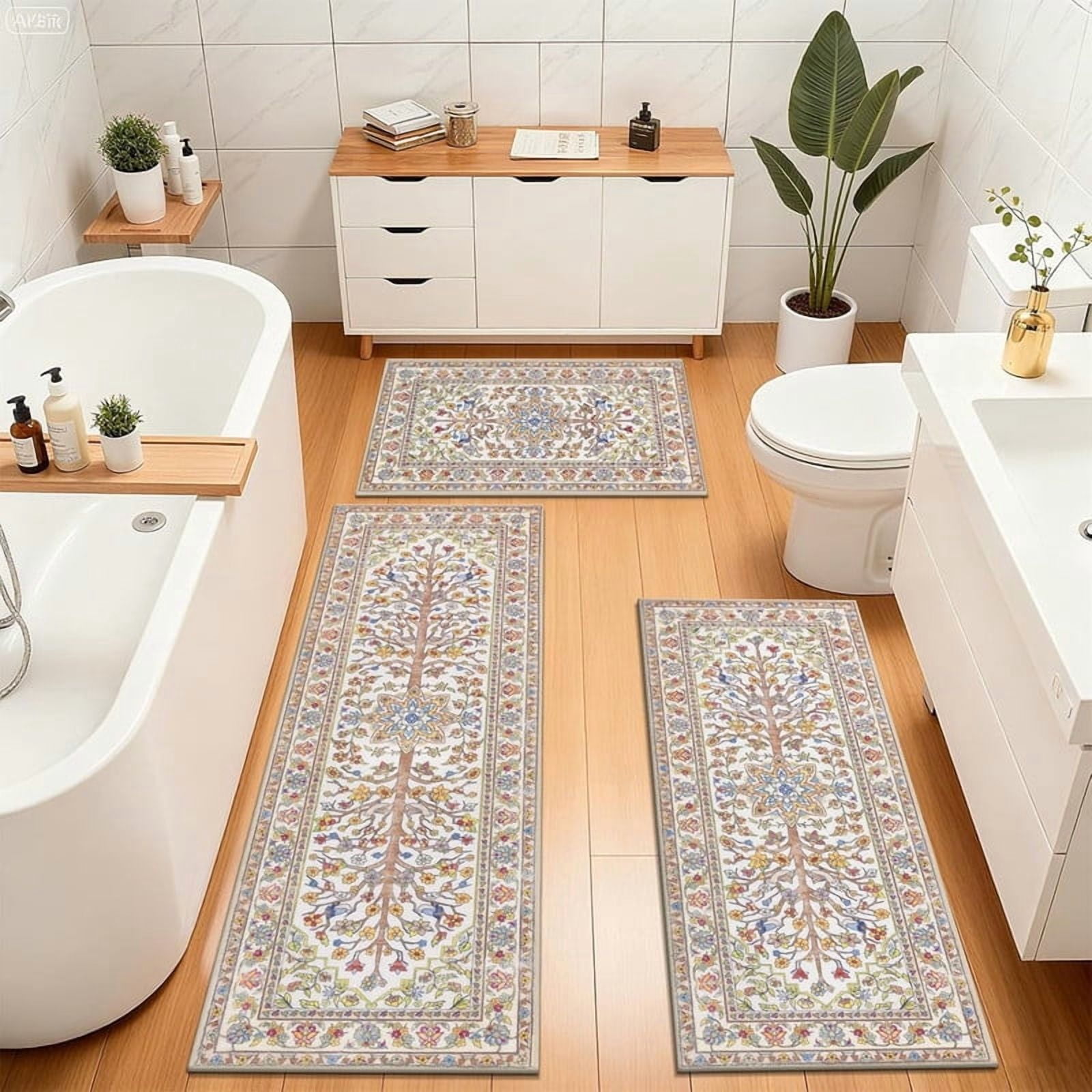 Findosom 3pcs Washable Kitchen Rug Set,Non-Slip Floral Boho Kitchen Mats Kitchen Runner Rug Floor Carpet for Hardwood Floor,Sink,Entryway,Bathroom,Home Decor,20"x32"+20"x48"+20"x59"