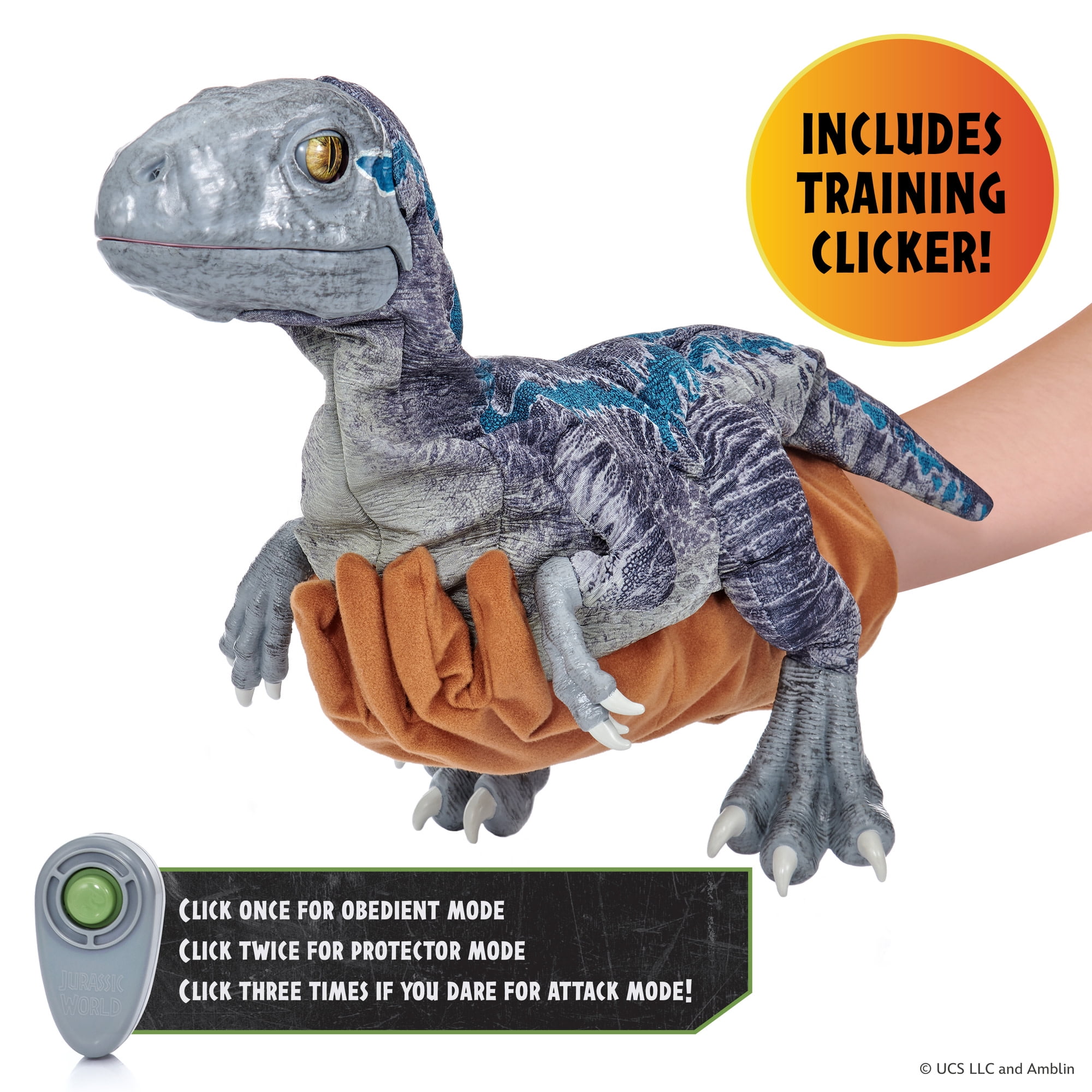 WOW! STUFF: Jurassic World Blue Training Edition Puppetronic by RealFX - Interactive Baby Raptor, 60+ Actions & Sounds, 22" Dinosaur Toy, Ages 8+