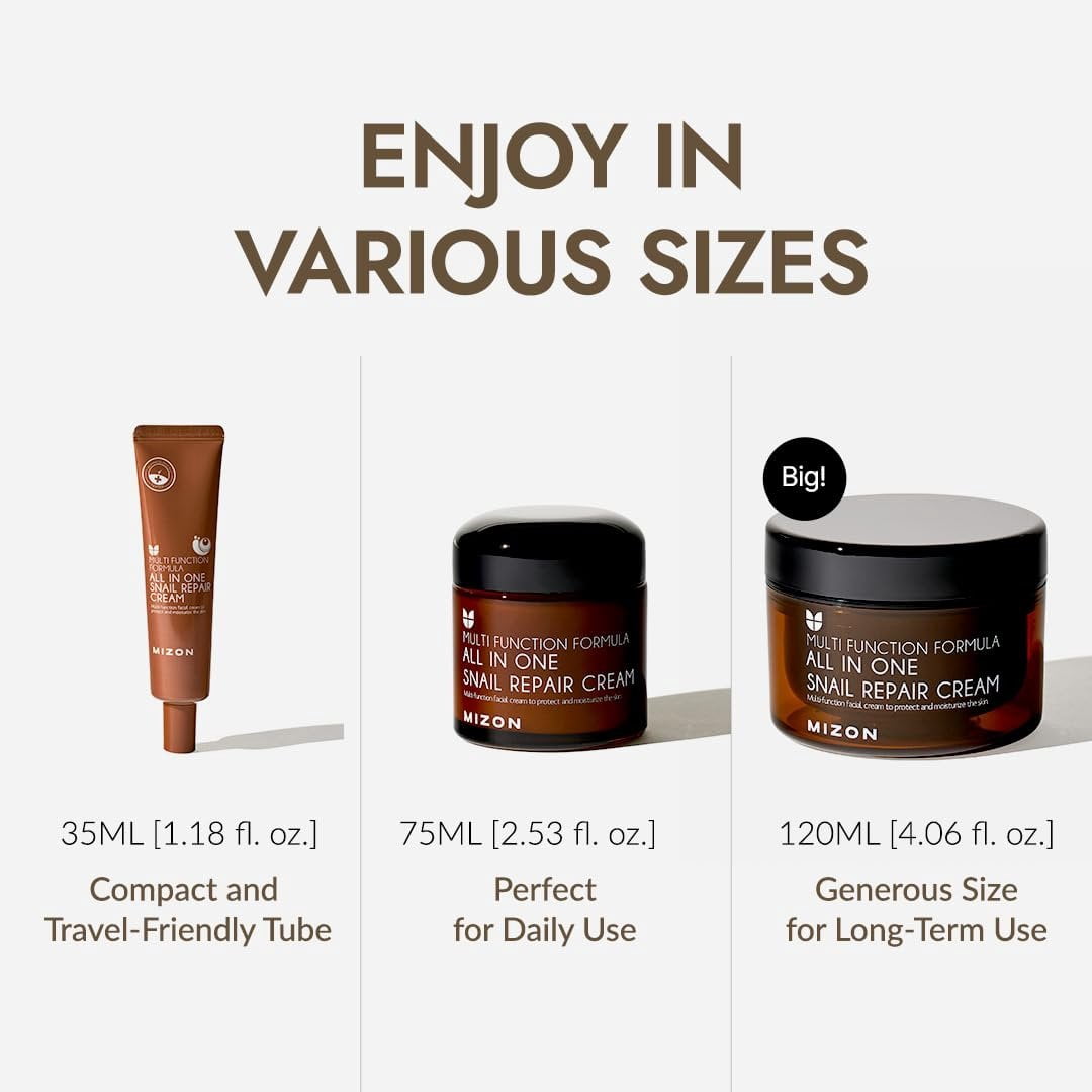 MIZON All-in-One Snail Repair Cream  Korean Face Moisturizer with Snail Mucin & 12 Natural Extracts  Hydrating & Nourishing Cream for Fine Lines, Wrinkles & Blemish Care  2.54 fl oz