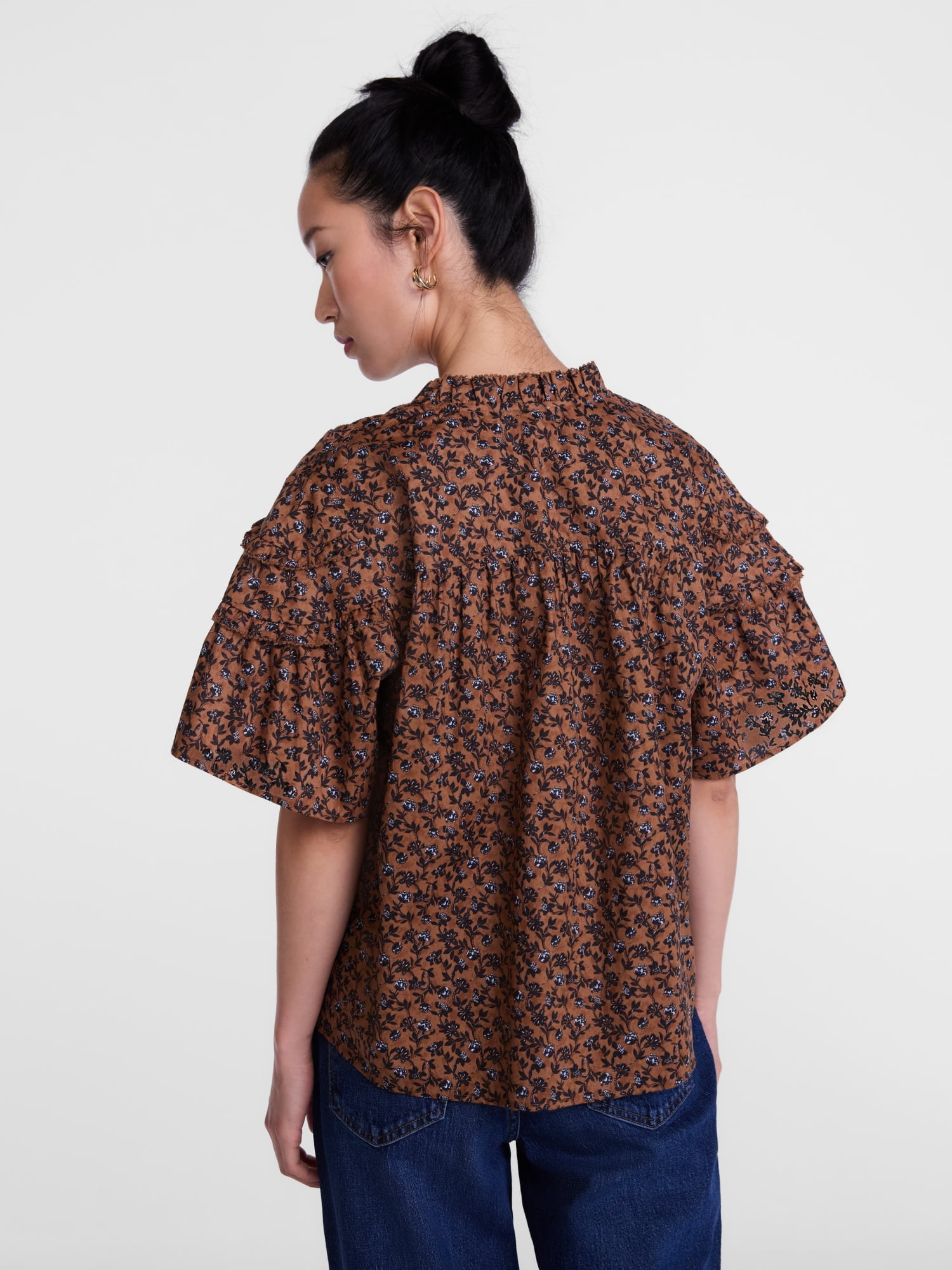 Scenario Women's Gathered Cotton Voile Top with Short Sleeves, Size XS-XXXL
