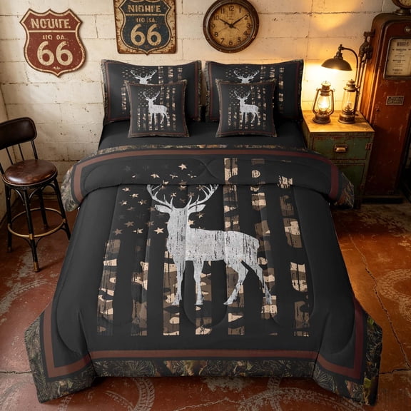Manfei Woodland Deer Moose Twin Bedding, Retro US Flag Bedding Comforter Set, Brown Black, Black Reversible 7-Piece