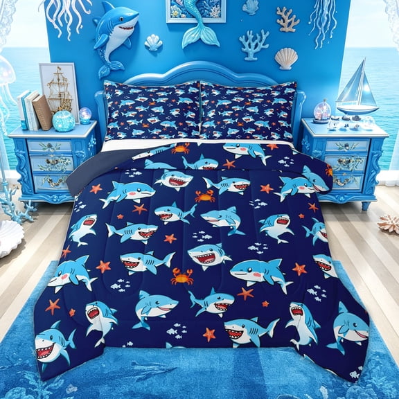 Feelyou Coastal Shark Starfish Full Size Comforter Sets for Kids Boys Girls, Cute Tropical Animal Bedding Sets, Blue, Blue Reversible, 3 Pieces