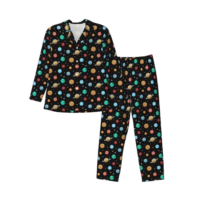 Fotbe Solar System Planets Space Pijama de Hombre con Estampado de Manga Larga, Conjunto de 2 Piezas, Ropa de Dormir Suave y Cómoda con Bolsillos-Small