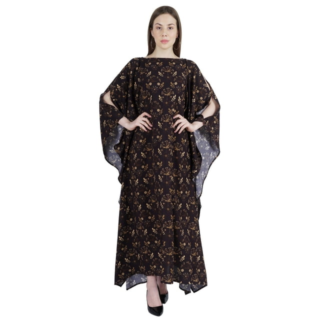 Moomaya Boat Neck Caftan Rayon Cover Up Printed Cold Shoulder Kaftan Maxi Dress