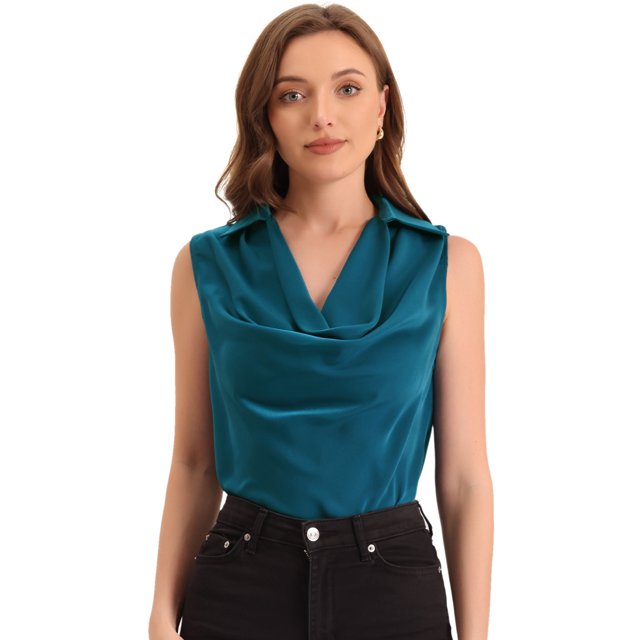Blusa de Satén de Trabajo Elegante sin Mangas para Mujer Azul eléctrico S