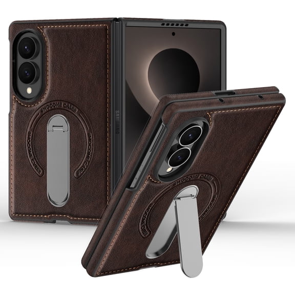 Classic Case for Samsung Galaxy Z Fold 8, PU Leather & PC Frame with Built-In 360° Rotating Metal Bracket, Compatible with MagSafe, Ultra-Slim Protective Anti-Drop Phone Cover, Coffee