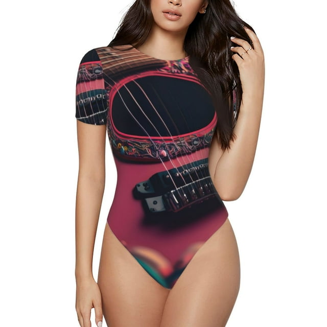Saiise Motif Guitare Cœur Romantique Grenouillère à Manches Courtes pour Femmes Col Rond Pyjama Justaucorps Extensible avec Fermeture à Pression-TG