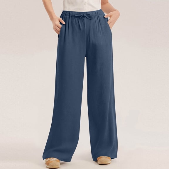 Lumtrix Women Wide Leg Linen Palazzo Pants Casual Elastic High Waist Drawstring Flowy Loose Beach Travel Trousers with Pockets Navy XL