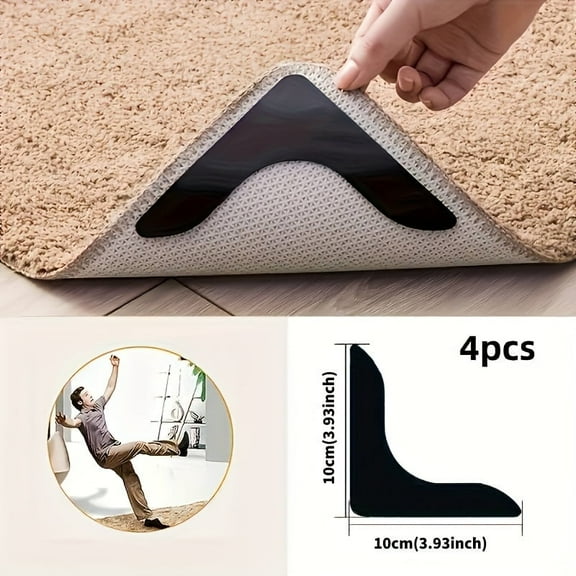 4-Pack Clear L-Shaped Rug Corner Grippers – Invisible Reusable Anti-Slip Carpet Pads for Tile, Wood, Laminate & Hard Floors, Non-Skid Stabilizers for Home Use