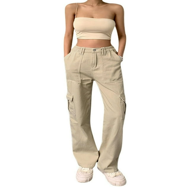 Women Solid Color Cargo Pants High Waist Straight-leg Buckle Jeans with Pockets Khaki/ Brown