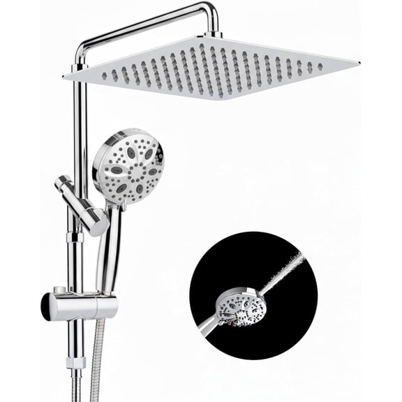 ROSYNEY 10 Inch Rain Shower Heads with Handheld Spray Combo, Dual Shower Head with Adjustable Slide Bar and Stainless Steel Hose, Height Adjustable, Chrome