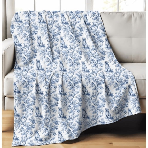 Golden Retriever French Toile Blanket, Velveteen Blue Toile de Jouy Cozy Throw for Golden Retriever Lovers, Dog Mom Plush Blanket Gifts