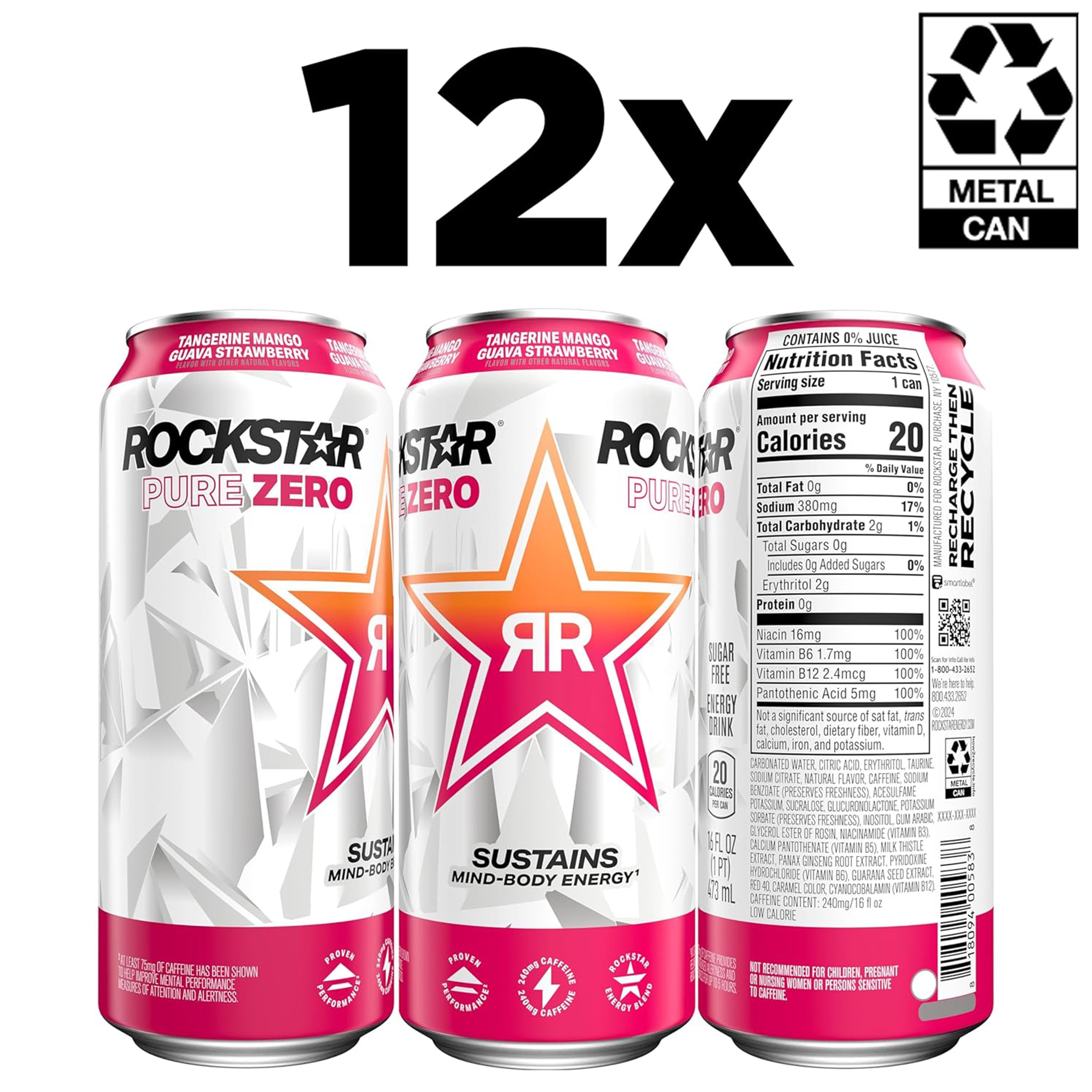 Rockstar Pure Zero Tangerine Mango Guava Strawberry Energy Drink, 16 fl oz, 12 Pack Cans