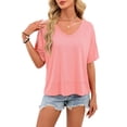 thumbnail image 3 of Womens Summer V Neck T Shirts Casual Short Sleeve Flowy Tops Cute Loose Fit Basic Tees Pink M, 3 of 9