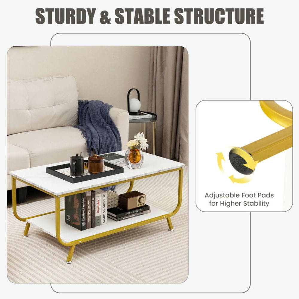 Finihen Coffee Table, Faux Marble Coffee Table, 2-Tier Faux Marble Top Rectangular Coffee Table with Metal Frame, for Living Room, Reception Room, White Finihen Coffee Table, Faux Marble Coffee Table, 2-Tier Faux Marble Top Rectangular Coffee Table with Metal Frame, for Living Room, Reception Room, White