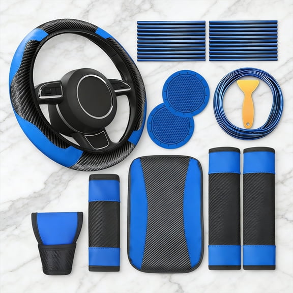 RIONIMA 2026 New 30Pcs Car Accessories Pu Leather Steering Wheel Cover Set,Car Accessories Gift for Women,Car Vent Trim Strips Air Conditioner Insert Strips Handbrake Cup Holder Cover,Blue