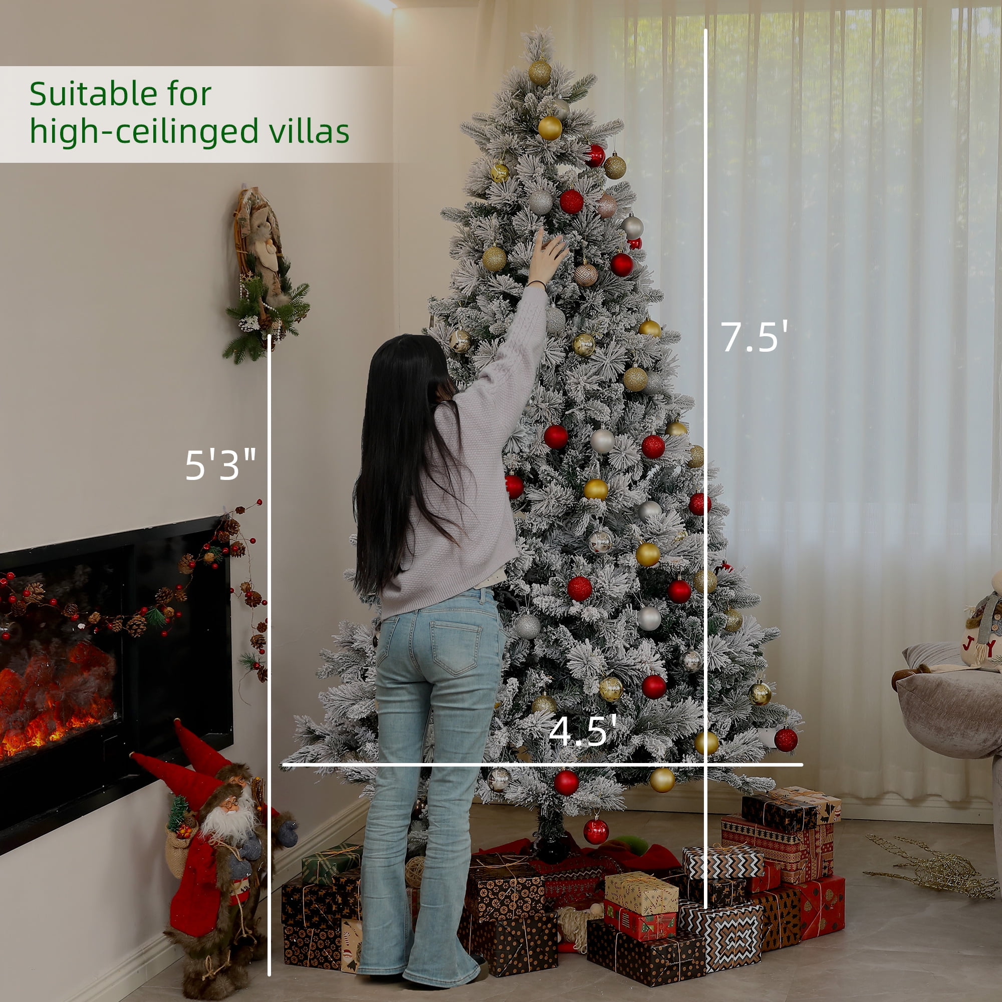 7.5ft Prelit Snow Flocked Christmas Tree with 500 Clear Lights 1530 Tips Auto-Open Branches Indoor Decor