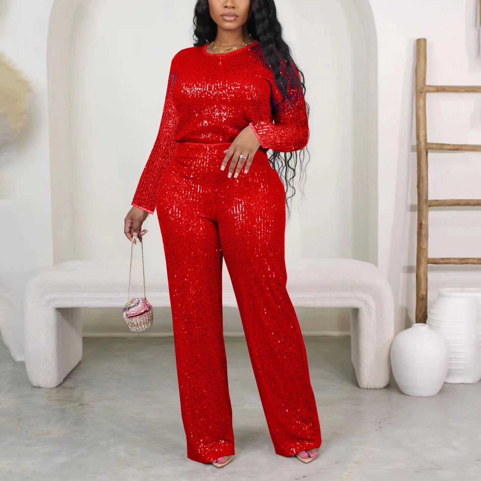 Fall Lounge Sets for Women 2 Piece Cotton Two Piece Sets for Women Shorts Vacation Women's Solid Color Sequin Fashion Suit Comfortable Casual Long Sleeve Pants Two-piece Set