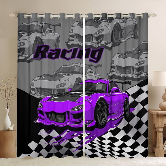 Manfei Purple Racing Car Blackout Curtains Set of 2 (52x84 Each) for Boys, Speed Sports Car Window Curtains, Black White Plaid Flag Curtains and Drapes, Luxury Home Decor