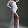 thumbnail image 3 of Taqqpue Womens Off the Shoulder Maternity Dress for Photoshot Baby Shower Wedding Guest Long Sleeve Slim Fit Thigh Split Gown Flowy Stretchy Long Maxi Dress Photography Pregnancy Dresses, 3 of 9