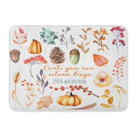 - GODPOK Watercolor Autumn Plants Pumpkins Fir Cones Wheat Spikes Yellow Leaves Fall Berries Acorns Hand White Rug Doormat Bath Mat 23.6x15.7 inch