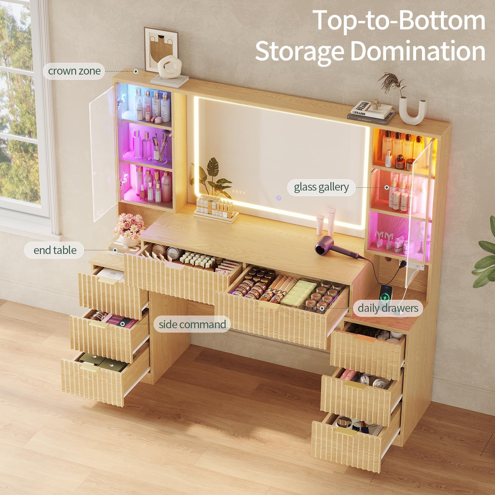 59.1" Fluted Makeup Vanity Desk with Large Mirror and Lights, 8 Drawer Vanity with Power Strip, Sound Sync LED Lights, Shelves, 2 Glass Cabinets，Modern Dressing Table for Bedroom, Oak