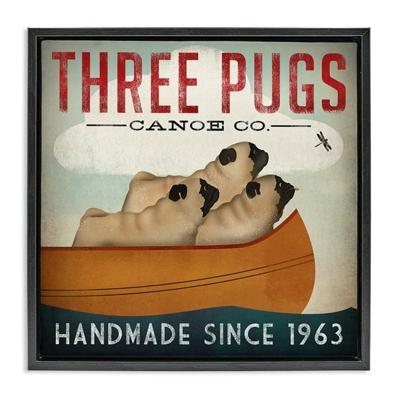 Stupell Industries Vintage Three Pugs in Canoe Animals & Insects Painting Black Floater Framed Canvas Art Print Wall Art, 18 x 18