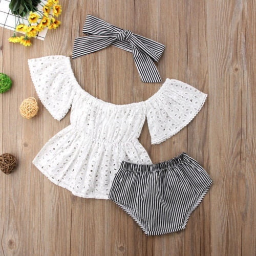 Ensemble 3 Pcs pour Bébé Fille d'Été: Robe à Épaules, Haut à Manches Courtes, Culottes à Rayures, 0-24 Mois