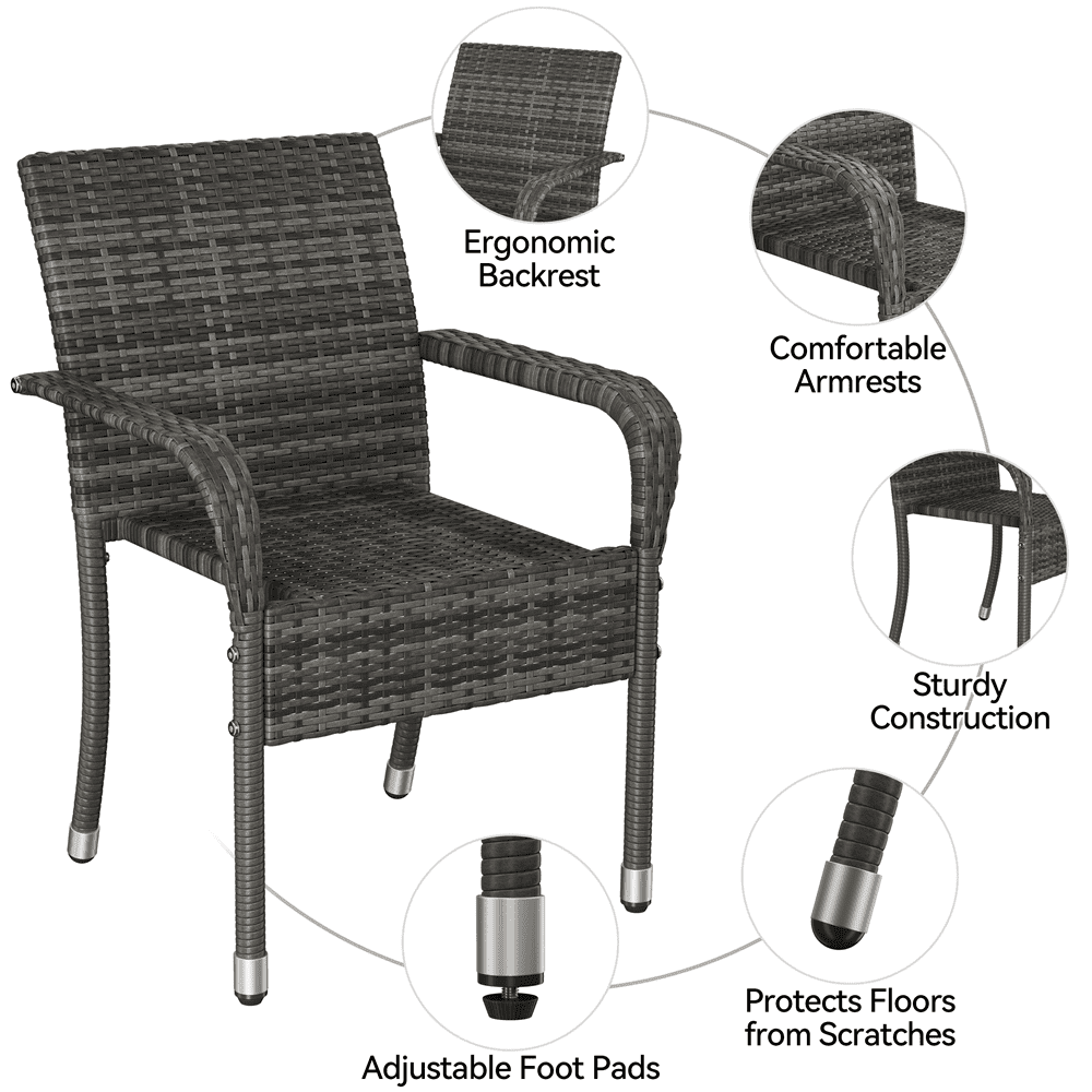 Renwick Outdoor PE Rattan Chair with Armrests and Adjustable Footpads, Set of 2, Gray