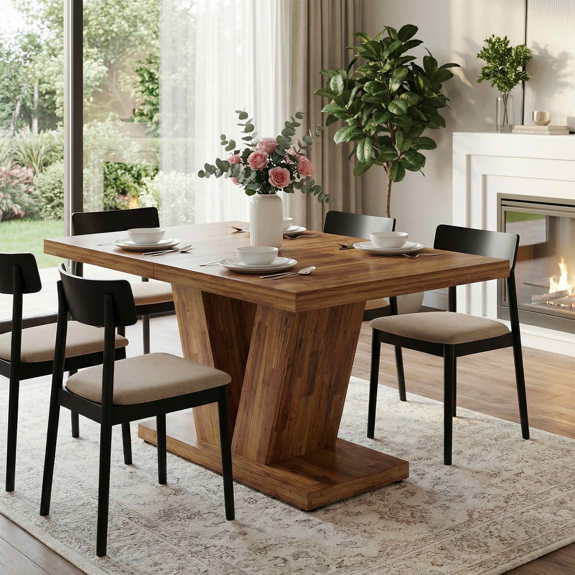 MAYEERTY 47 Inch Farmhouse Dining Table, Rectangular Kitchen Dinner Table with Heavy Duty Triangular Pedestal Base for 4 to 6 People