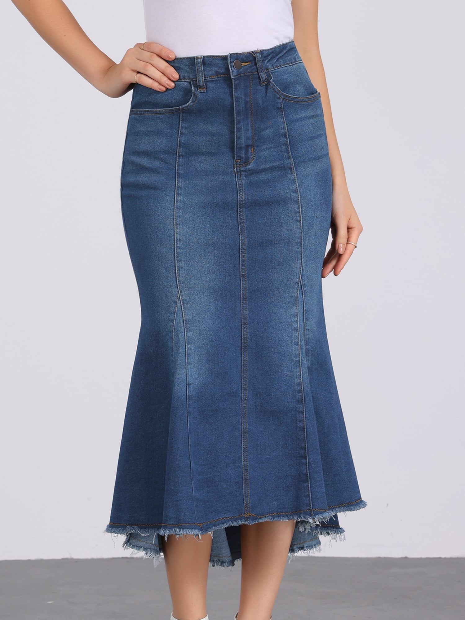 DARING DIVA Women's Raw Hem Fishtail Midi Skirt with Pockets L Deep Blue