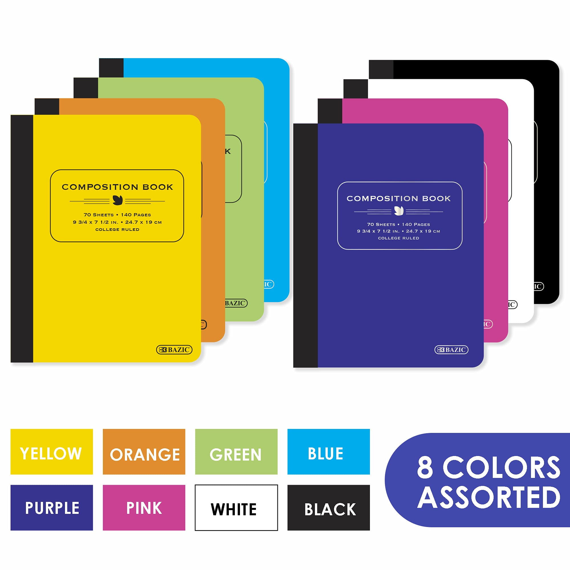 Bazic Products 5089 Poly Cover Composition Books, Medium/college Rule, Randomly Assorted Cover Color, (70) 9.75 X 7 Sheets