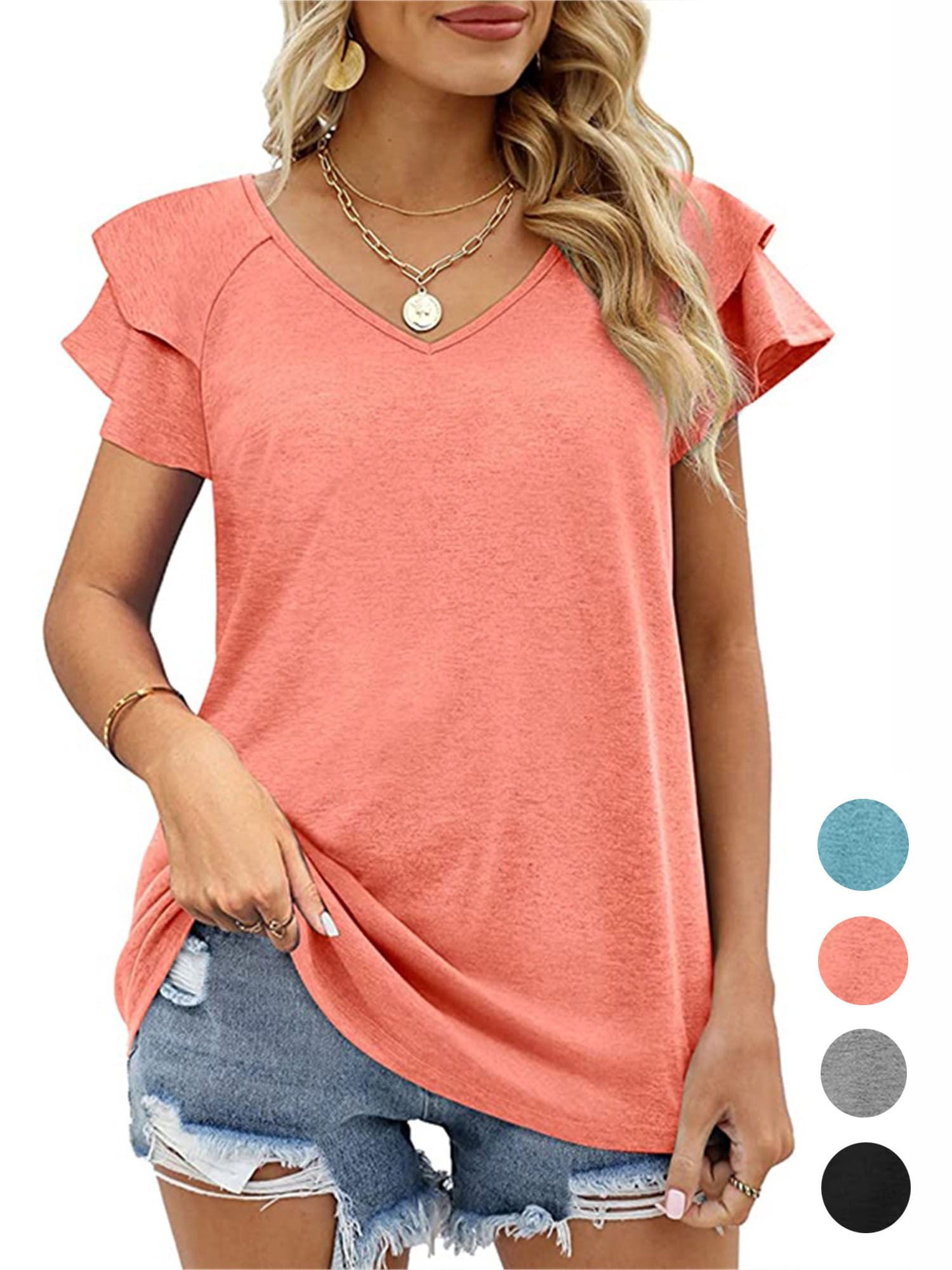 Women's Ruffle V-Neck T-Shirt Solid Casual V Neck Short Sleeve Tops Summer Loose Blouses Shirts 