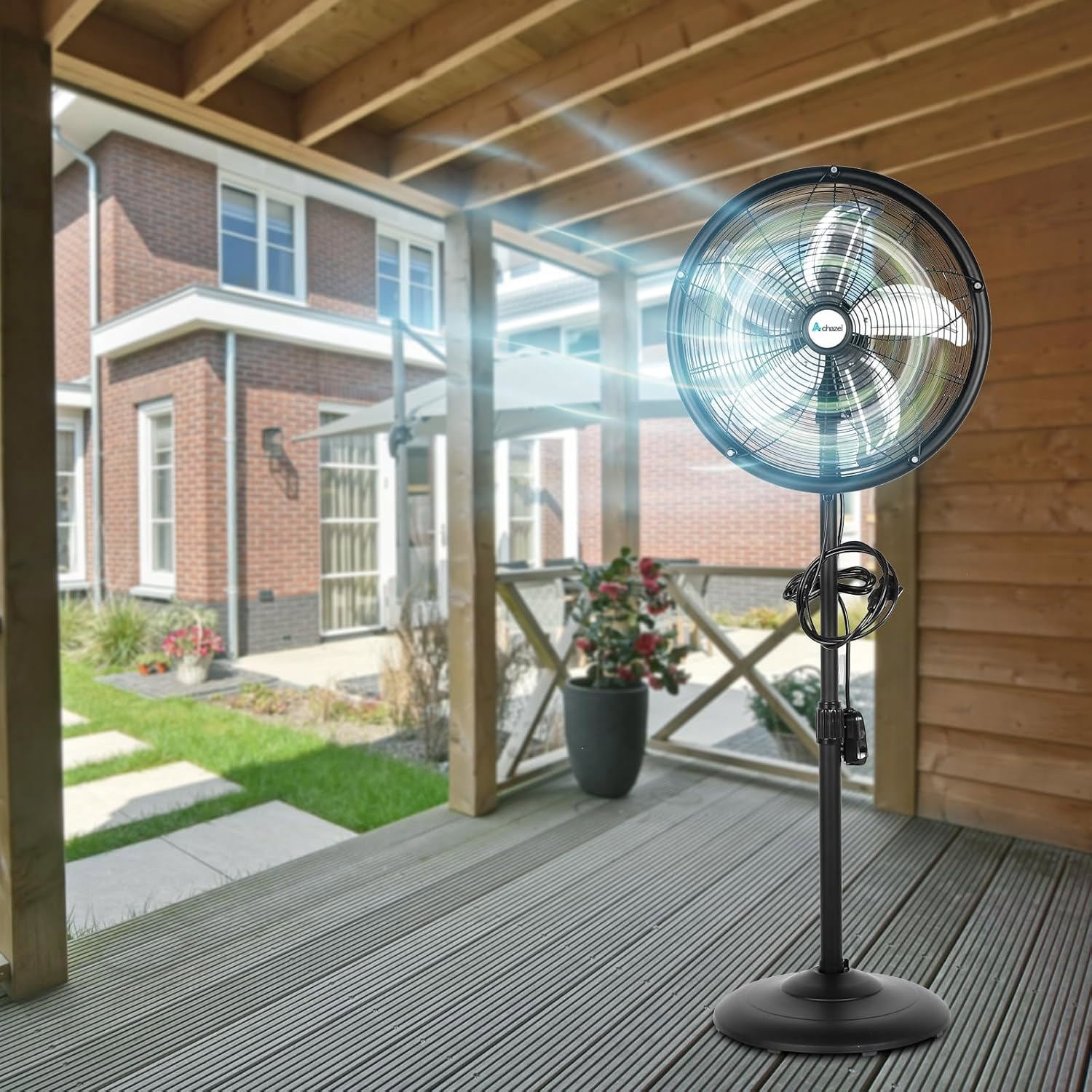 Achazel 18" Outdoor Pedestal Misting Fan with Oscillation, 3-Speed Adjustable Height, High Velocity Patio Cooling Waterproof Industrial Fan Outside
