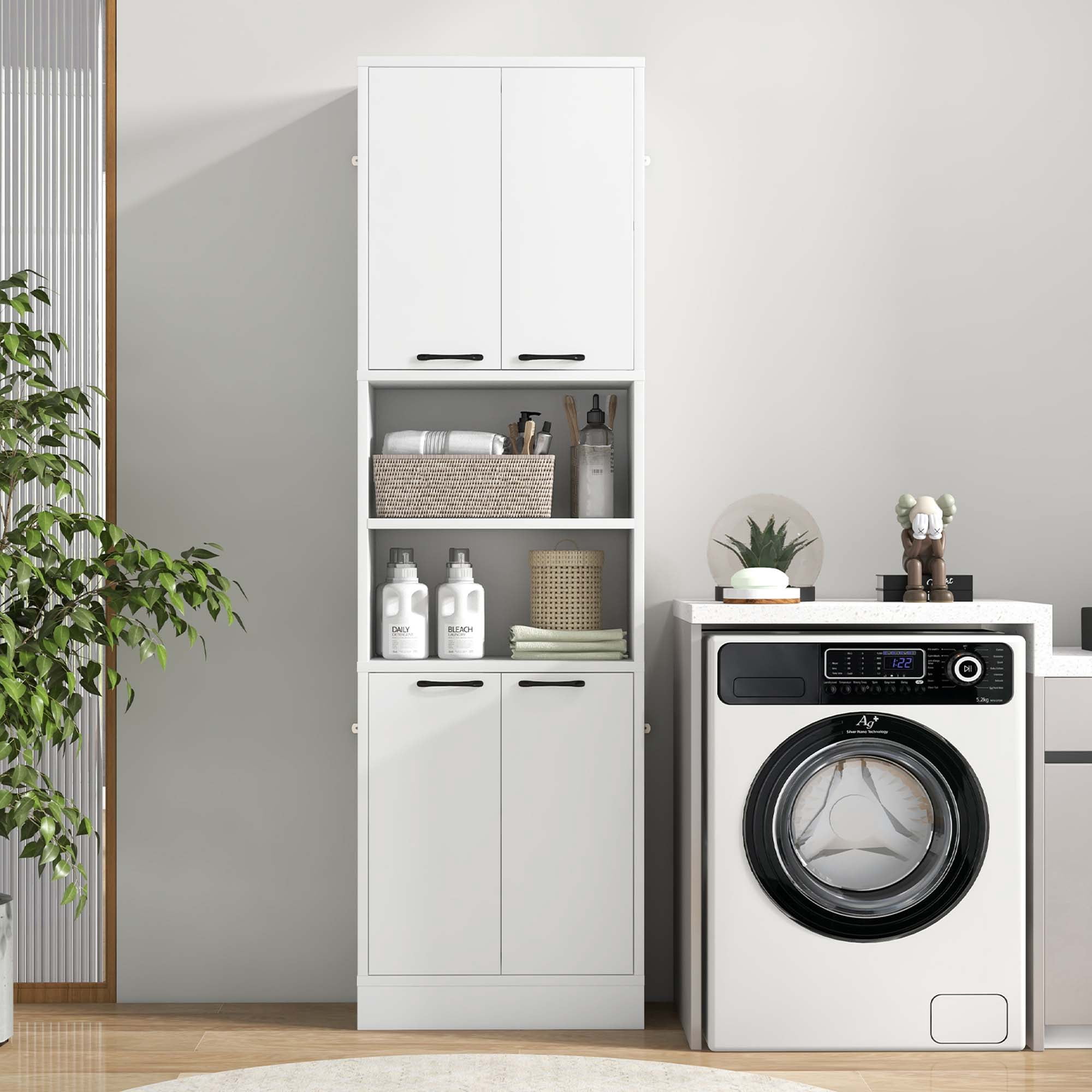 Costway 75" Tall Bathroom Storage Cabinet with 4 Doors & 2 Open Compartments Freestanding White